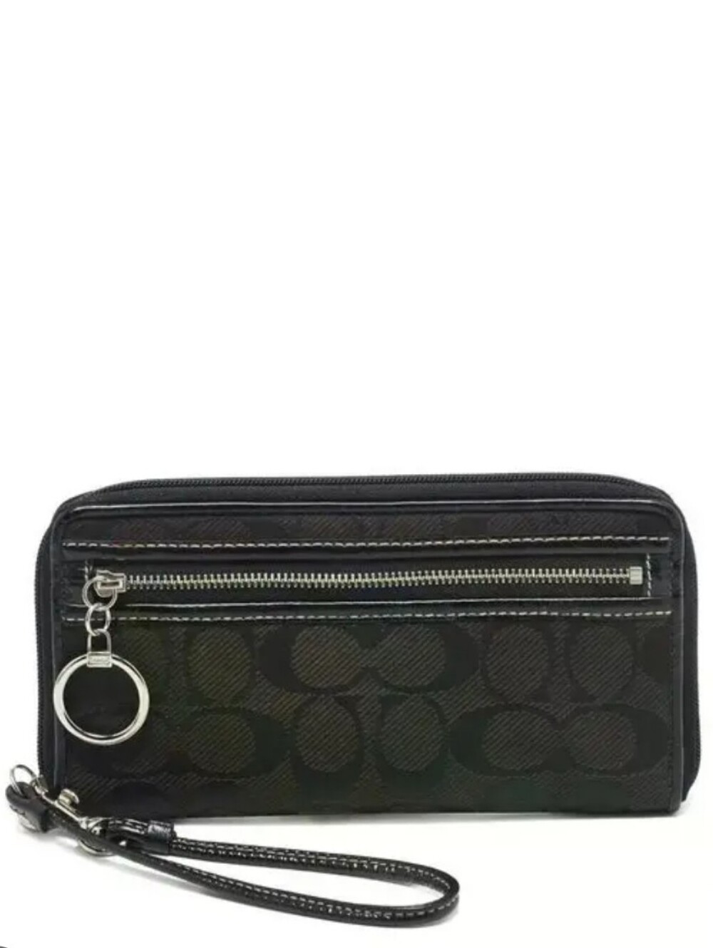 Coach Black Signature Canvas Zip Around Wallet With Patent Trim.